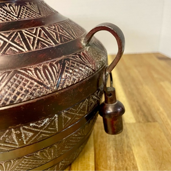 Heavy Brass/Metal Etched Vase or Pot Handles Dangling Weights 7” Tall India - Picture 5 of 10